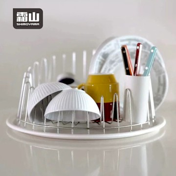 日本霜山 304不鏽鋼圓形杯架/碗盤瀝水架(附筷筒)-仿瓷托盤組