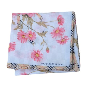 BURBERRY 優雅斜格紋滾邊雛菊花朵字母LOGO帕領巾(白底/50CM)