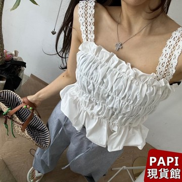 緹花肩帶皺皺背心【24510】PAPI女裝批發價春夏新款韓系INS修身顯瘦氣質純欲百搭方領無袖抓皺短版上衣 吊帶背心