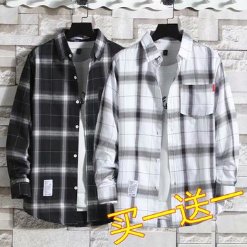 日系百搭青年格子襯衫男長袖韓版潮流帥氣休閑寬松襯衣情侶裝外套
