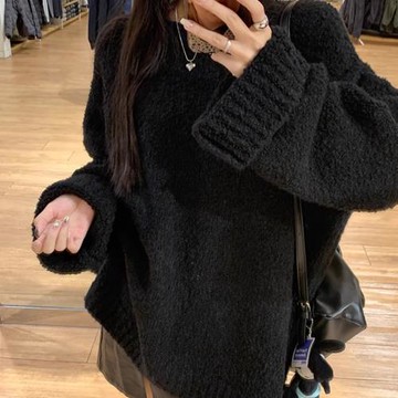 奶fufu黑色毛衣女秋冬寬松慵懶加厚圓領套頭設計感軟糯針織上衣