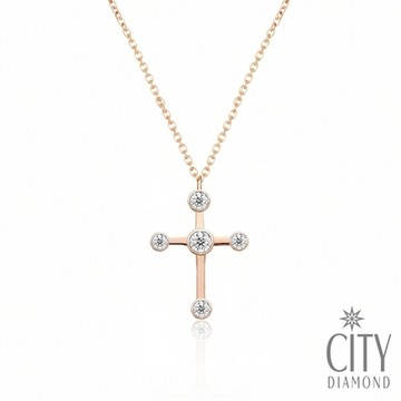 【City Diamond 引雅】『漂流信仰』14K天然鑽石5分玫瑰K金十字架造型項鍊(浮光流影系列)