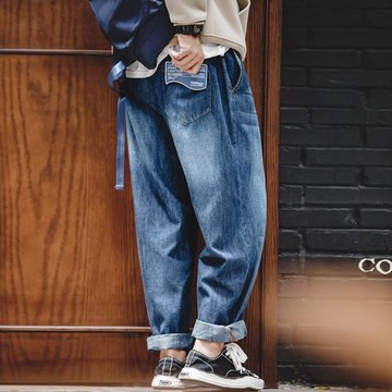 馬登工裝 美式休閑磨白丹寧牛仔褲水洗貓須寬松闊腿直筒長褲男秋