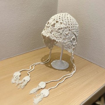 春夏手工鉤織花朵流蘇套頭帽女韓系時髦淑女百搭文藝包頭帽潮鏤空