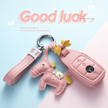 【優選百貨】BENZ 卡通真皮鑰匙包女 適用於賓士E300l 新C級 GLC A200L C200 C260l 高檔真皮鑰匙套女鑰匙套 鑰匙包