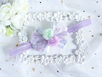 紫色蝴蝶結小紗球 嬰兒寶寶頭帶 髮帶  Baby Headband