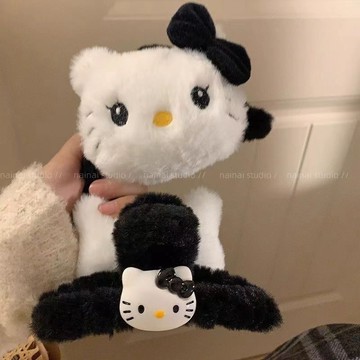 kitty鯊魚夾🎀 黑色凱蒂貓抓夾雙面毛絨玩偶髮抓後腦勺盤髮夾子 甜美鯊魚夾 大嘴夾 凱蒂貓髮夾 邊夾 可愛髮夾