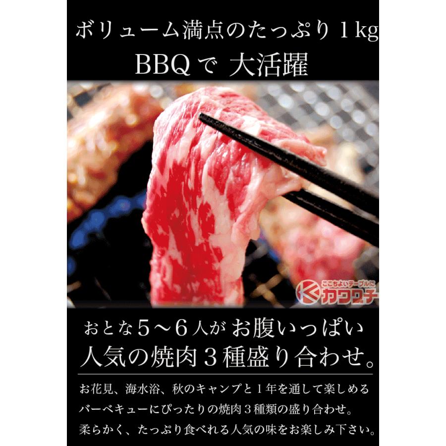 ギフト 肉 焼肉 福袋 1kg 肉 3種盛 焼肉セット 国産牛 訳あり ハラミ 豚 カルビ バーべキュー