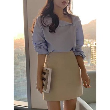 秋冬女裝批新款發寬松打底條紋氣質襯衣設計感小眾別致斜領襯衫潮