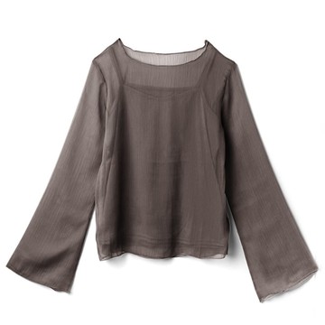 日本 GRL - 透膚兩件式楊柳寬袖上衣-石墨灰