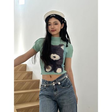 MOF禮物商店 褶皺衫 綠色黑熊玩偶褶皺衫T恤顯瘦緊身辣妹印花短袖