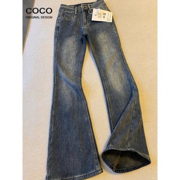 水泥灰加絨微喇牛仔褲女2024秋冬爆款高腰顯瘦修身彈力加絨喇叭褲