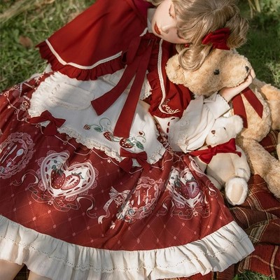 ロリータ ワンピース 長袖 コスプレ 赤色 マント いちご Strawberry