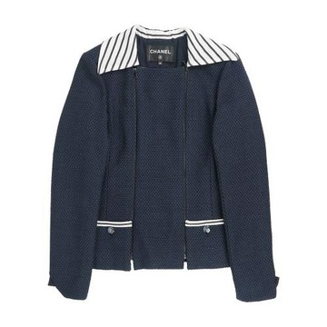 二手商品9.8成新_CHANEL 條紋海軍風雙拉鍊外套(藍色/黑色) 38