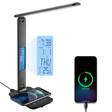 護眼無線充臺燈帶時鐘溫度鬧鐘110V歐規英規閱讀學習夜燈工廠「限時特惠」