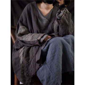 素藝慢店 原創復古做舊毛邊小眾乞丐風開衫 亞麻春秋拼接寬松外套