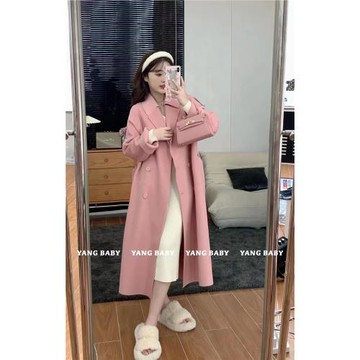 HQY+ 秋冬經典時尚新款 韓版簡約小眾時尚純色復古雙面呢外套大衣