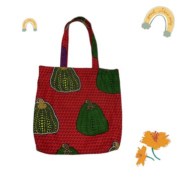 紅色非洲圖紋棉質托特包，手工製作，大容量，收納空間十足。