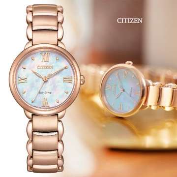 CITIZEN 星辰 L系列 精緻簡約 光動能白蝶貝羅馬字淑女腕錶-玫瑰金28mm(EM0928-84D)