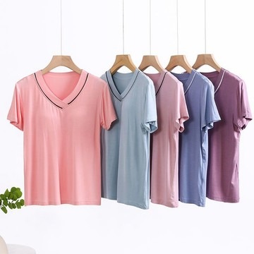 台灣出貨 莫代爾帶胸墊睡衣女夏 V領家居服上衣短褲寬鬆大碼可外穿新品 大尺碼 睡衣 寬鬆 居家服 休閒服 單件睡衣