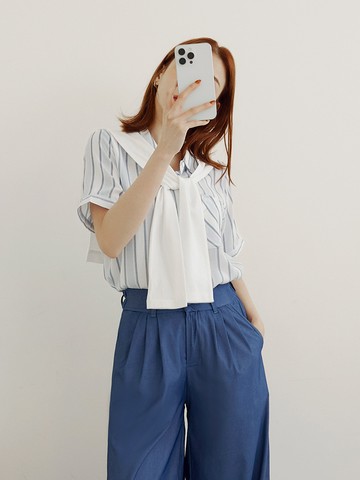 真兩件條紋領巾短袖襯衫上衣