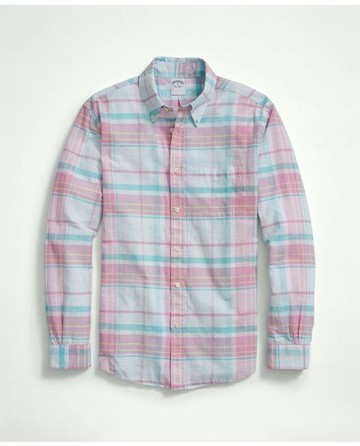 Brooks Brothers Men's Washed Cotton Madras Button-Down Collar Sport Shirt | Blue | Size 2XL