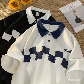 日係短袖 polo衫男女衕款 美式複古上衣 棊盤格T恤 短袖男 夏季短袖 翻領上衣 polo衫 翻領短t 寬鬆短袖 情侶