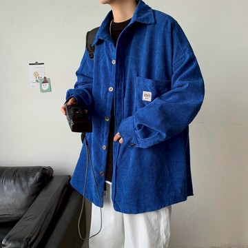 日系燈芯絨襯衫男大學生春秋復古潮流上衣百搭寬松外套男克萊因藍