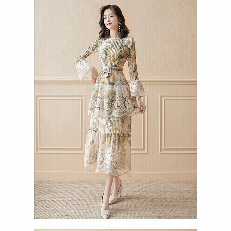 ワンピース レディース フェミニン 春 21 春物 新作 春コーデ 春服 ロング丈 ロングワンピース タイトワンピ プリントワンピース 花柄 フラワープリント 長袖 通販 Lineポイント最大0 5 Get Lineショッピング