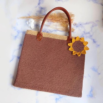 手工編織太陽花向日葵咖啡色大型手提側揹2用包 棉草線編織