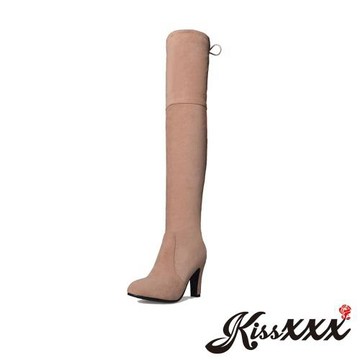 【KISSXXX】反絨後綁帶過膝高跟長靴/經典反絨後綁帶過膝高跟長靴 女鞋 粉