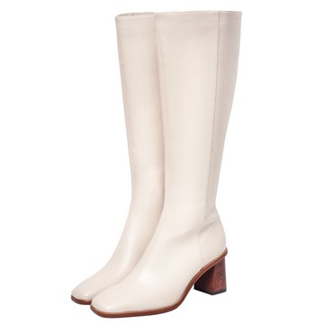 ANNSTAR彭彭PON聯名-時髦起來方頭粗跟好走及膝長靴6.5cm-米白