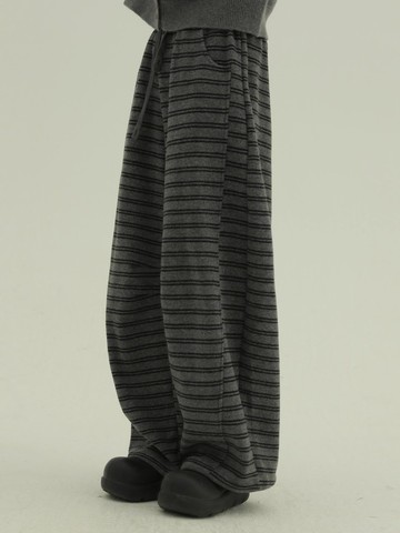 灰色條紋 灰條懶綿綿 加絨毛巾衛褲 復古休閒百搭長褲 直筒寬褲