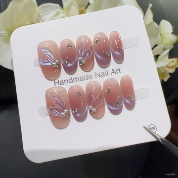 ➕最新設計款穿戴甲💅【極光魚尾】顯白溫柔僊女風夢幻極光蝴蝶珍珠水鑽粉紫漸變穿戴甲短橢圓穿戴甲 IDLZ