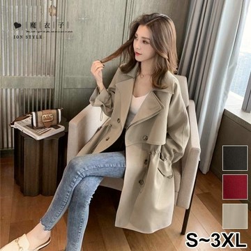 【QV3266】魔衣子-純色收腰雙排扣風衣大衣外套