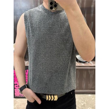 2025夏季新款男士輕薄無領砍袖T恤時尚銀絲彈力透氣圓領背心上衣