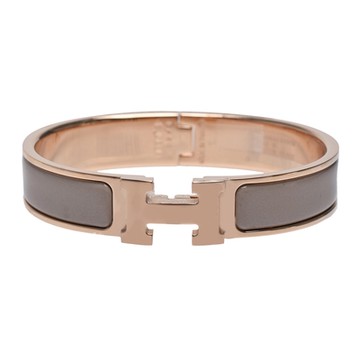 HERMES 經典Clic H LOGO琺瑯細版手環(冰棕/玫瑰金)