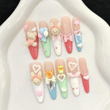 Yuki Nail【童話鎮】可愛風氣球小熊遊園會多巴胺少女手工穿戴甲長款甜美