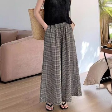 臺灣出貨 休閒格子褲 夏季褲女 高腰寬鬆長褲 薄款顯瘦褲子 大碼闊腿褲 慵懶褲裙 女生褲子 褲子女 顯瘦長褲 女長褲