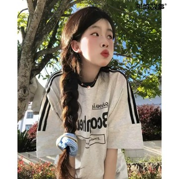 版型真的很好看！ 韓系衣服 短袖 條紋T恤 三條槓 正韓上衣 甜美風 女 韓版 橫條t恤 精品短袖 夏季女裝 國中生女裝