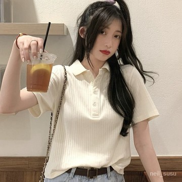P3-【限時特賣】短袖上衣 polo上衣 翻折領上衣 短袖T恤 純棉針織polo衫潮夏2021新款短袖T恤女顯瘦港風in