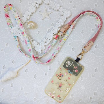 三合一多功能粉紅色水彩風玫瑰韓國棉布手機斜背繩/斜背帶/背繩/