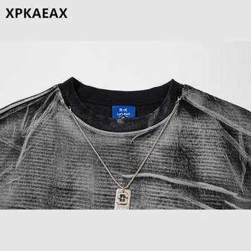 XPKAEAX原創潮牌廢土風破洞圓領短袖男oversize痞帥炸街五分袖T恤