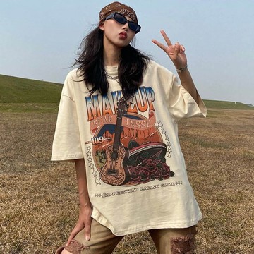 美式複古印花短袖T恤男女年夏季新嘻哈街頭上衣慵懶風女生上衣 男生短袖 oversize寬鬆 韓版短T 圓領半袖 上衣