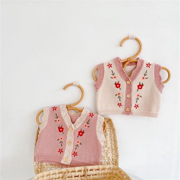 ins23春秋韓版嬰兒百搭開衫女寶寶棉紗針織毛衫繡花V領馬甲外套