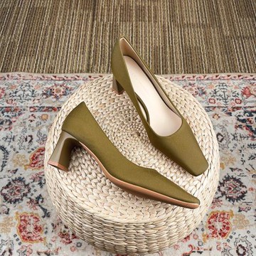 綠色高跟鞋女2025年新款春夏氣質名媛方頭粗跟單鞋高級設計感小眾