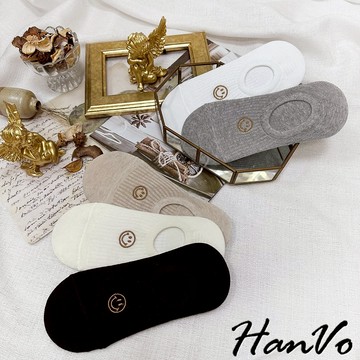 【HanVo】簡約素色刺繡微笑隱形襪 吸濕排汗透氣隱形船襪 韓系配件 女生配件 A12-6306