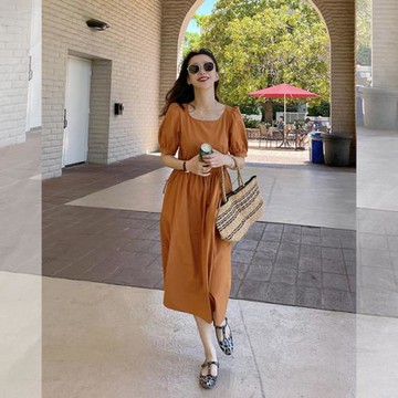 2026年夏季新款系帶設計感橘色茶歇裙小個子韓版chic泡泡袖連衣裙