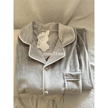 海島絨純色情侶睡衣女秋冬季加厚簡約休閑可外穿高級感家居服套裝