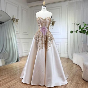 【女神婚紗禮服】輕奢鍛面荷葉釘珠心型抹胸A字傘裙晚禮服LA72195淺褐色